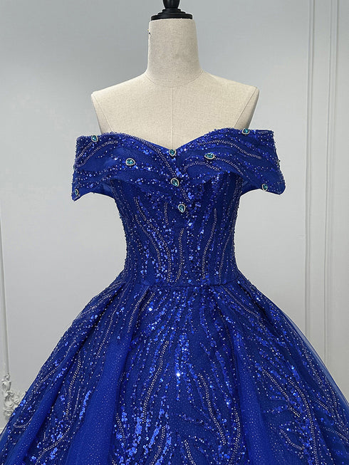 Blue Ball Gown Tulle and Beaded Long Formal Dress, Blue Tulle Sweet 16 Dress